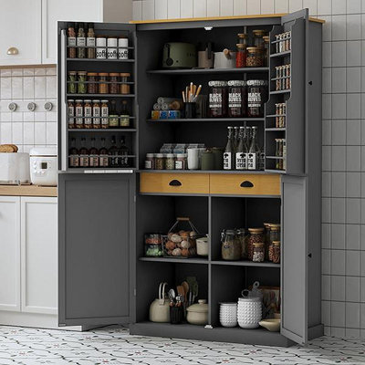 40.2X20x71.3Inch High Freestanding Kitchen Pantry Large Cupboard Storage Cabinet With 2 Drawers, 2 Adjustable Shelves, 8 Door Shelves For Kitchen, Dining Room,Gray