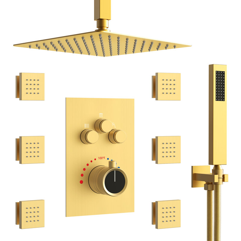 Système de douche thermostatique de plafond, robinet de douche à haute pression avec douche à main, Or brossé