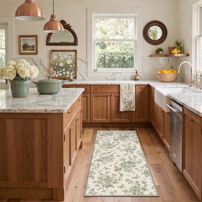 Animal Print Ivory / Green Performance Low-Pile Washable Non-Slip Runner Rug