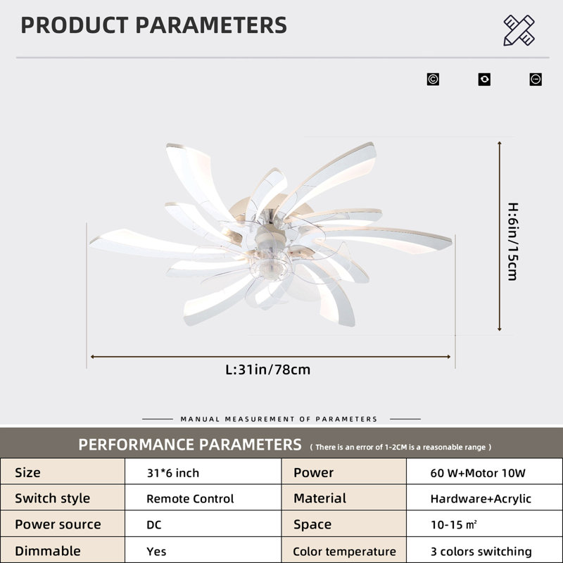 Ventilateur de plafond 30,7 po avec lumières, télécommande 3 températures de couleur, ventilateur à 6 vitesses