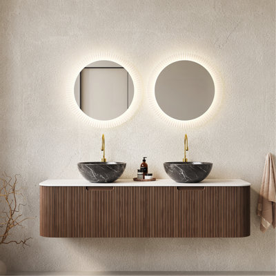 Meuble-lavabo de 60 po avec lavabos, armoire de rangement murale rayée à bords arrondis avec 2 tiroirs et 2 vasques en céramique noires avec motif de pierres, pré-assemblée, couleur noyer