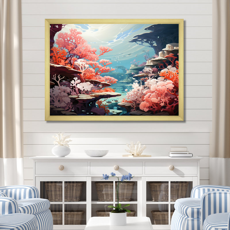 Aqua Serenade sous l'eau Corail IV - Imprimé, Cadre doré simple, H 12 po x l 20 po x P 1 po
