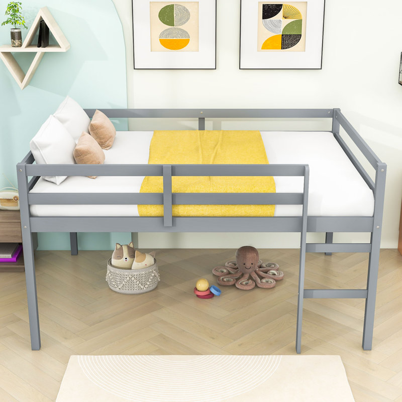 Full Wood Loft Bed With Ladder, Low-Height Design, Gray