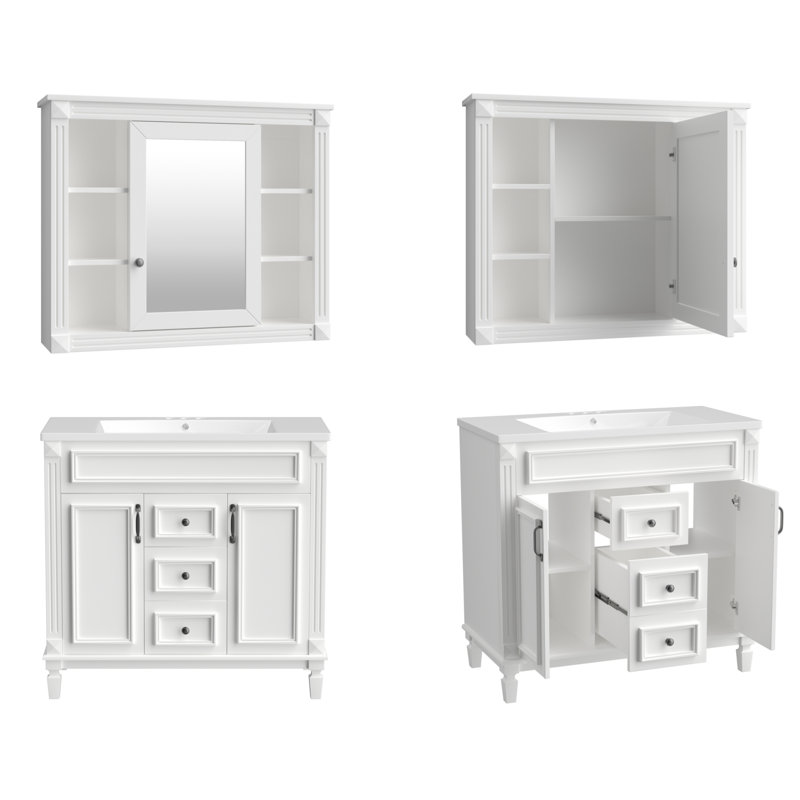 Ensemble de meuble-lavabo simple 35,1 po avec plateau en résine et miroir Deantwon, Blanc