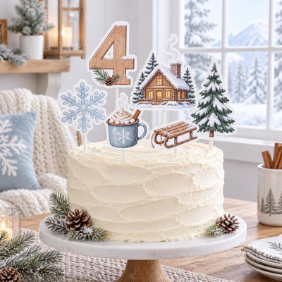 Ensemble de décorations personnalisées pour gâteau d'anniversaire sur le thème d'un chalet d'hiver chaleureux (Âge : 5 ans), en papier cartonné enneigé