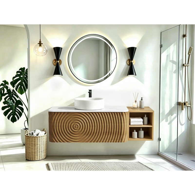 Ensemble de meuble-lavabo mural, lavabo de salle de bain flottant avec lavabo rond en céramique et armoire latérale, ensemble de meuble-lavabo texturé à ondulation d'eau pour les petits espaces, peu encombrant