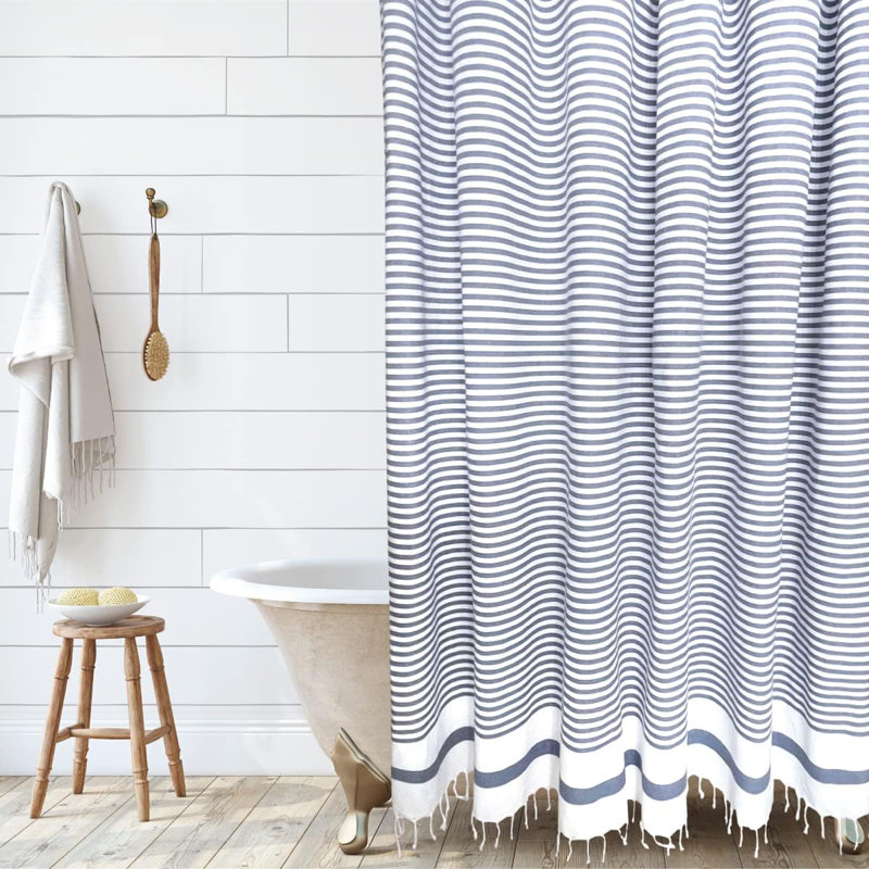 Catalina 100% Cotton Striped Single Shower Curtain, White/Chambray
