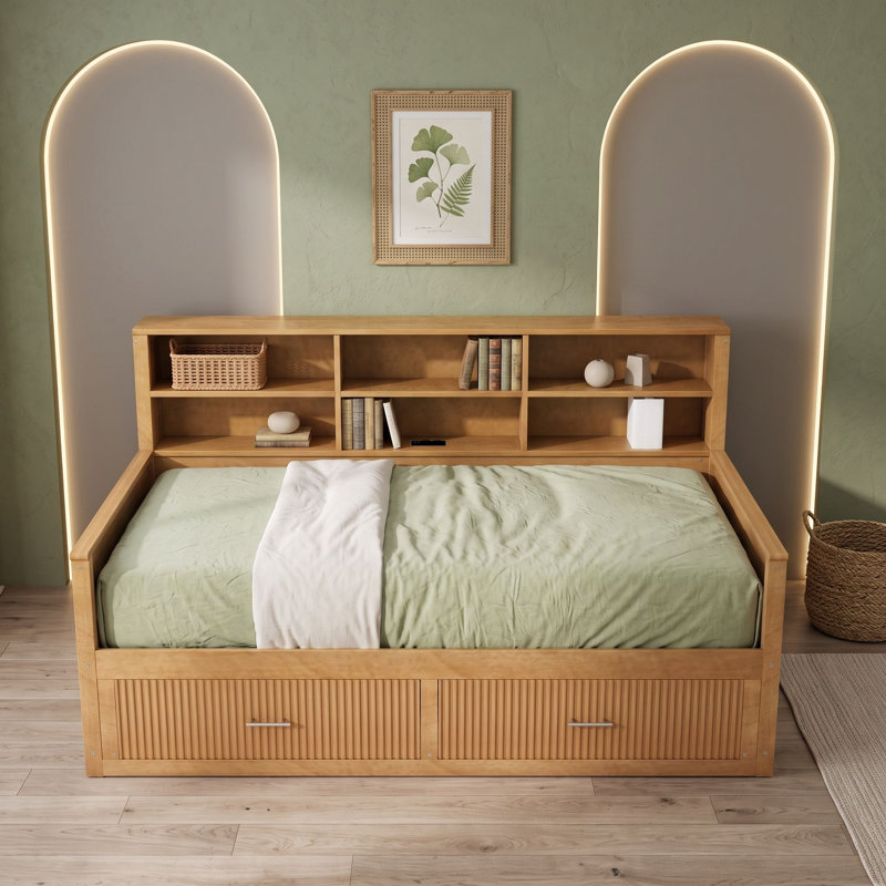Lit de jour en bois avec 2 tiroirs, tablettes de rangement et station de recharge, Twin, Walnut