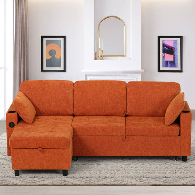 84" Reversible Sectional Pull-Out Sofa Bed With Adjustable Backrest, Modern L-Shape Sofa With Storage Chaise, 3-Seat Convertible Couch With Usb Charging Port For Living Room, Apartment, House