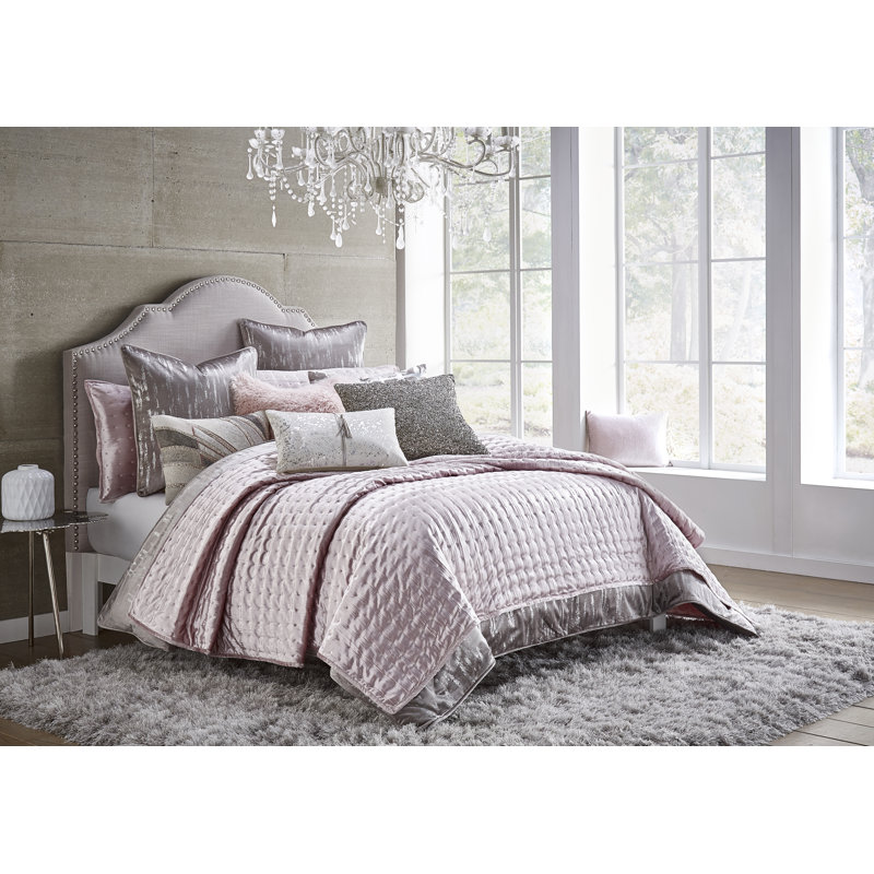 Ensemble de courtepointe en velours 3 pièces Prato, Courtepointe pour très grand lit et 2 taies déco, Rose