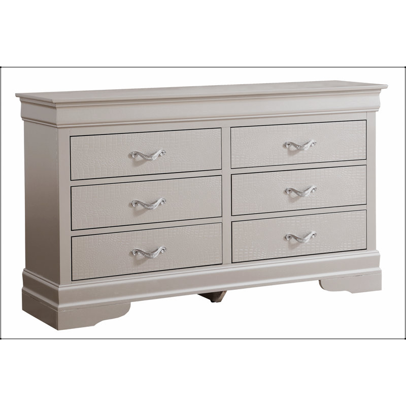 Commode Lorana G6500-D argent champagne avec poignées chromées et accents de faux cristal, alliant élégance traditionnelle et durabilité moderne