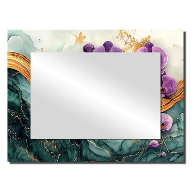 Lavender Orchids Flowers On Emerald Geode II - Floral Accent Wall Mirror - Printed On Metal