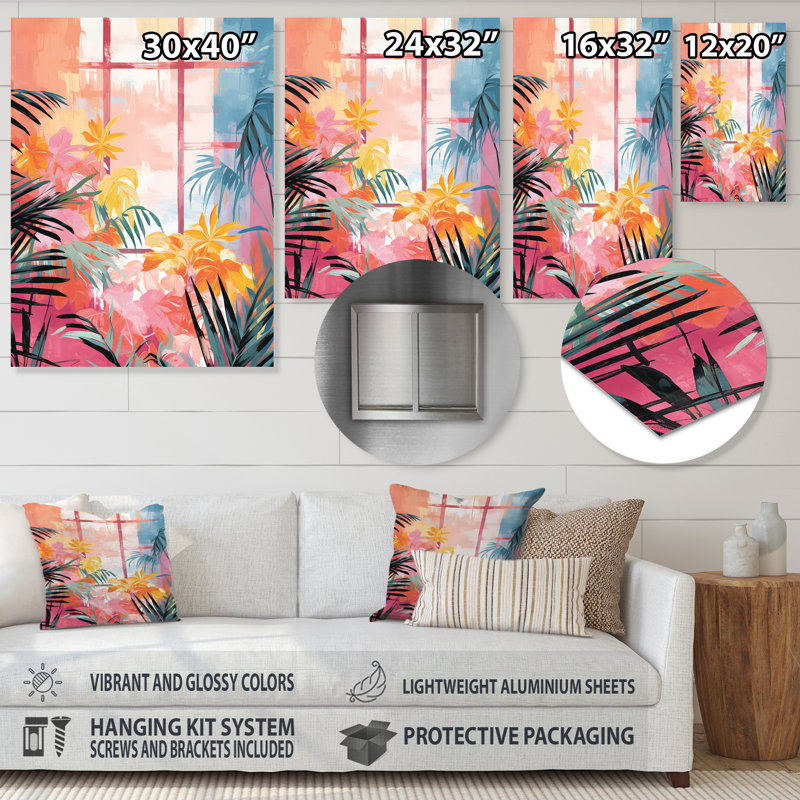 «Pastal Color Tropical Windows View 1 - Art floral abstrait en métal», H 32 po x l 16 po x P 1 po