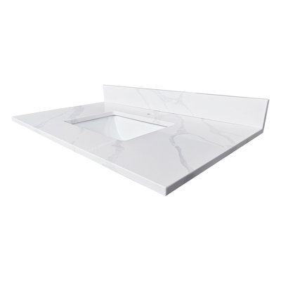 Plateau de meuble-lavabo en quartz de 37 po, lavabo central encastré à simple cuve de 3/4 po d'épaisseur, dosseret de 4 po de hauteur, 1 trou de robinet pré-percé, résistant aux taches et à la chaleur, quartz blanc de Carrare avec veines