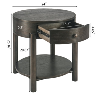 Wexford Collection Round Wood End Table with Drawer and Open Shelf, Mid-Century Modern Storage Accent Side Table