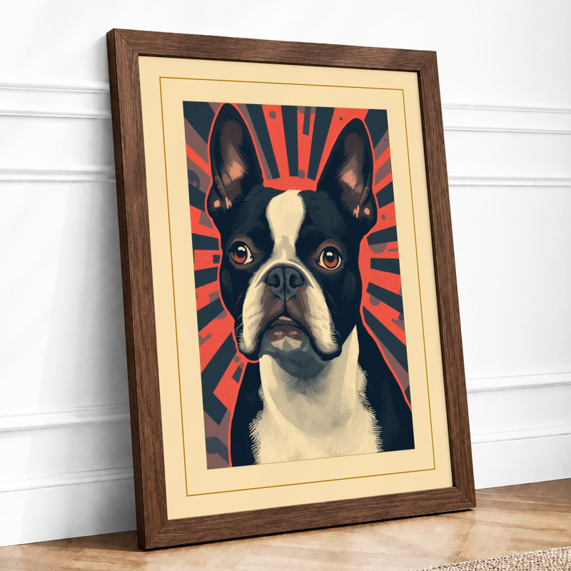 Boston Terrier Rising Retro - Framed Print, Walnut, A4 - 29.7 x 21.0 cm
