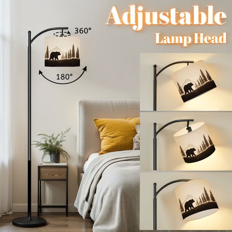 Lampe sur pied à arc avec abat-jour réglable Silhouette de forêt rustique avec ours