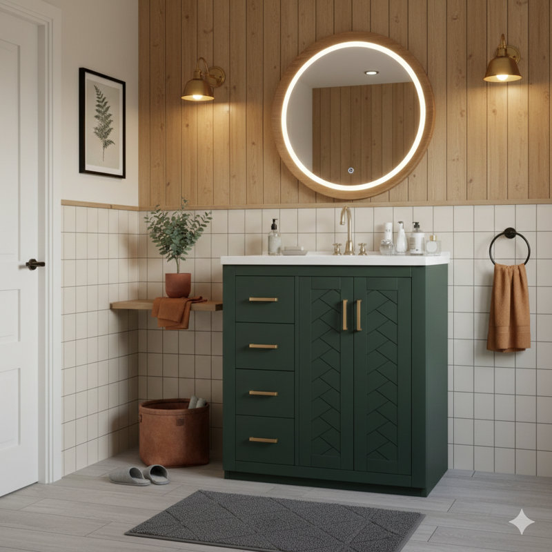 Ensemble de meuble-lavabo 30 po avec lavabo en céramique, armoire de rangement à cadre en bois massif, ensemble de meuble-lavabo autoportant avec trois tiroirs et portes à fermeture en douceur