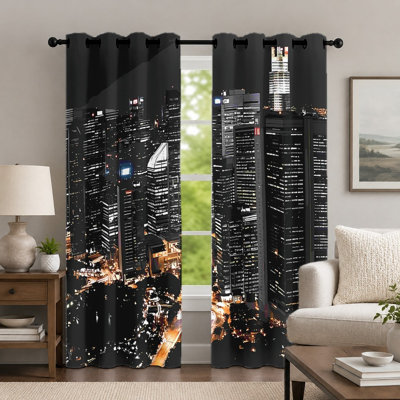 2Pcs City Night View Curtains, Urban Skyline Pattern Curtain, Contemporary Metropolitan Architecture Printed Art Grommet Drapes, Window Treatment for Bedroom Living Room Decor