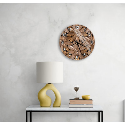 Wood Carved Flower Wall Clock - Rustic Brown Mandala Art Print - Boho Nature Decor for Living Room, 3D Texture Illusion Gift