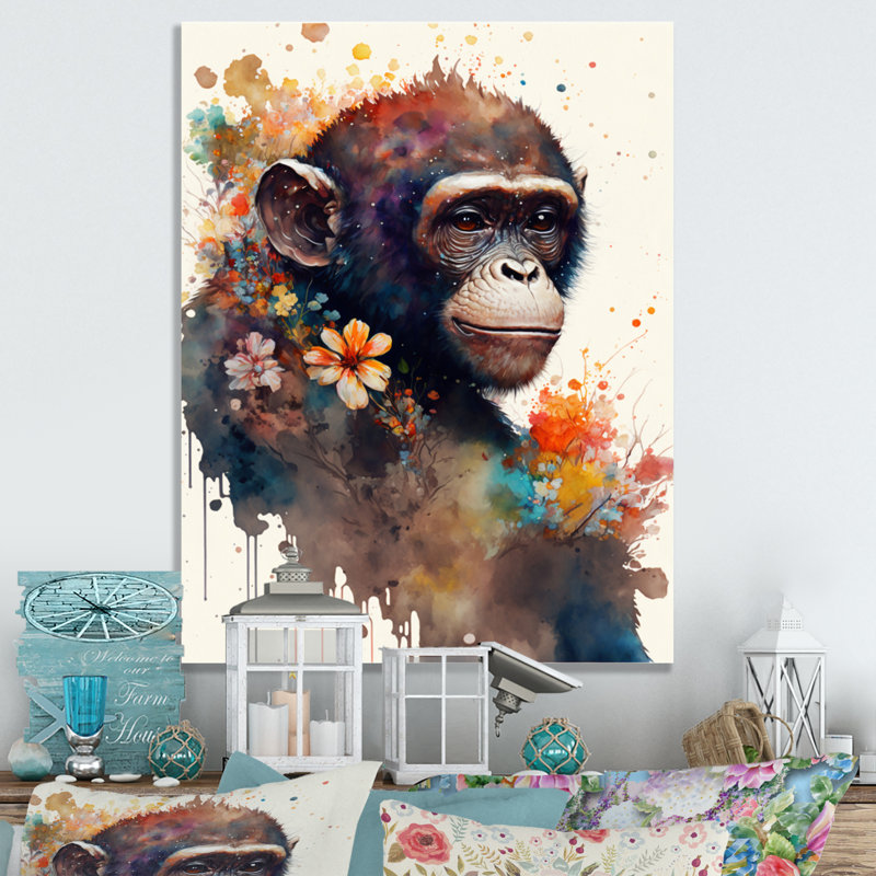 «Cute Monkey Floral Art I», reproduction d'art sur toile, L 16 po x H 32 po, Toile tendue