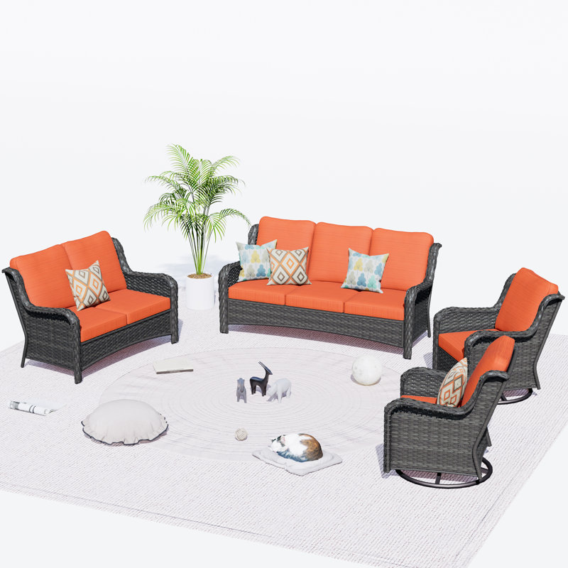 7 - Person Patio Conversation Set with Cushions, Brown, Orange