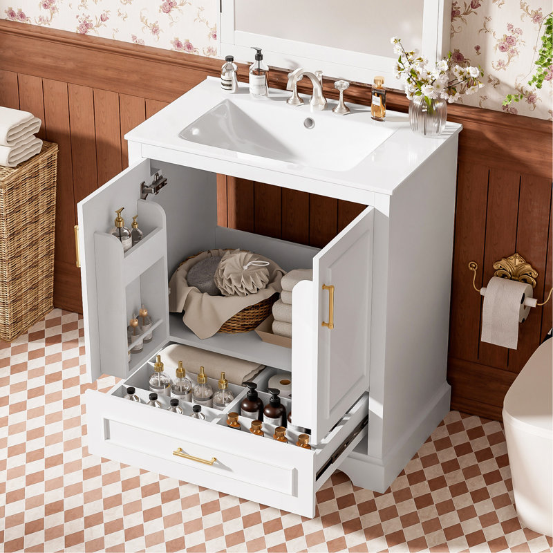 Meuble-lavabo autoportant de 30 po avec lavabo, panneau de fibres à densité moyenne et structure en bois massif, 1 tiroir de séparation et 2 portes à fermeture en douceur (double tablette sur la porte)