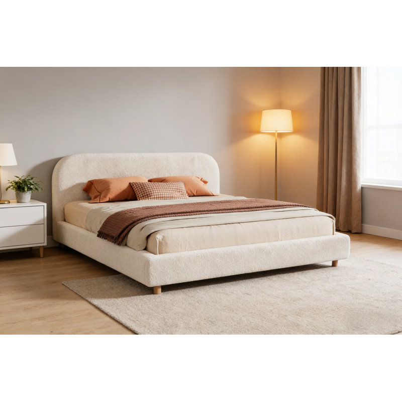 Boucle Upholstered Platform Bed Frame With Curved Headboard, Sturdy Wood Slat Support, White, Queen