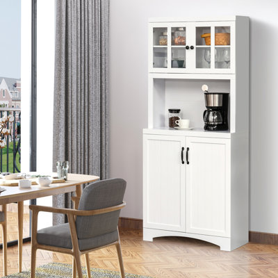 Rangement de cuisine avec garde-manger, étagères réglables avec armoire blanche et espace pour micro-ondes pour la salle à manger - Porte à cadre en verre et espace compartimentés. Store Pots Pantry Goods.