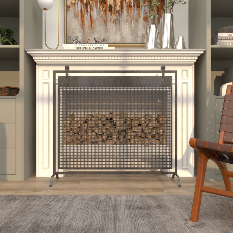Metal Suspended Grid Single Panel Geometric Fireplace Screen with Bolted Detailing, Black