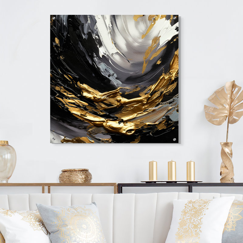 Vague dorée reflets vii - art mural abstrait en acrylique moderne, H 36 po x l 36 po