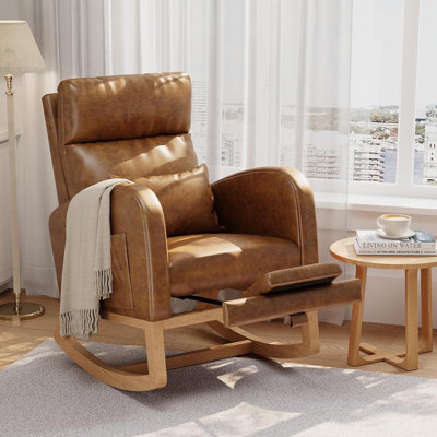 PU Leather Rocking Chair with Extendable Footrest, Modern Nursery Glider with Side Pockets & Pillow, Wooden Rocker for Living Room, Bedroom, Nursing R by George Oliver