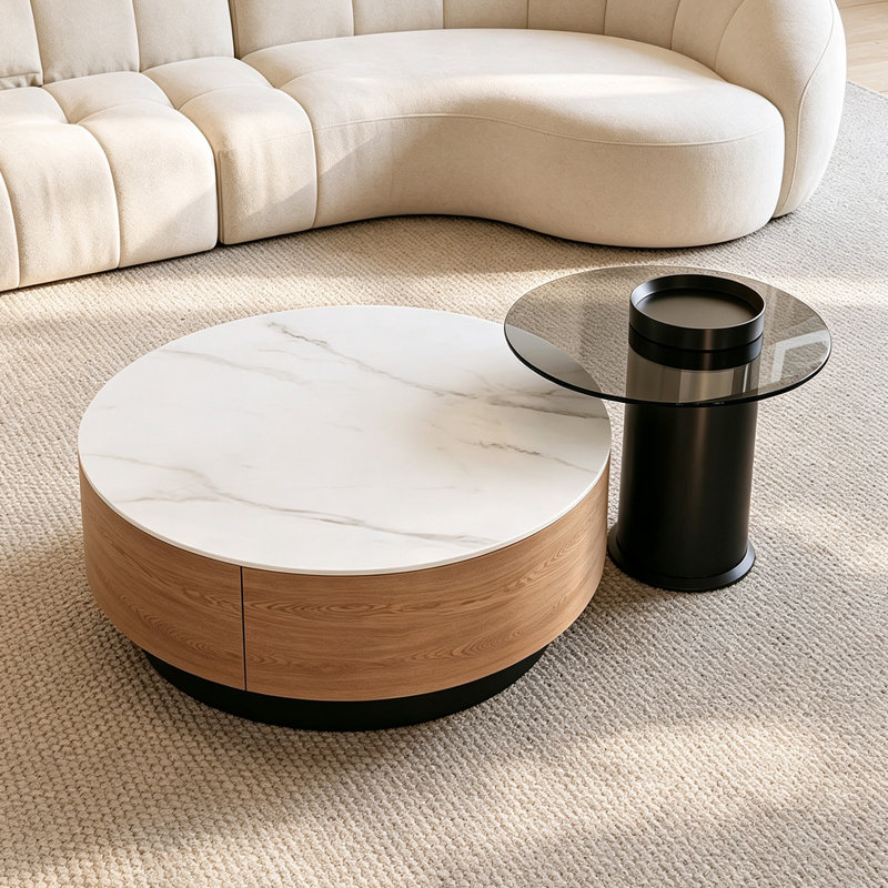 Ensemble de petites tables basses pour petit salon, 12.99" H x 27.55" W x 27.55" D, Black Top/Brown Base, Marble