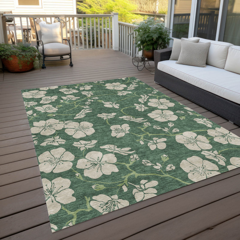 Sage Floral Synthetic Washable Rectangular Area Rug