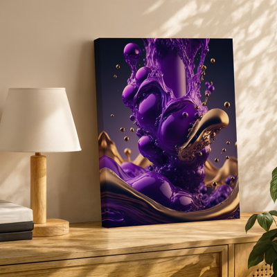 Reproduction d'art sur toile, "Un gros plan dynamique d'un liquide mauve vibrant" entouré d'éclaboussures de fluide doré brillant, créant un art mural sur toile