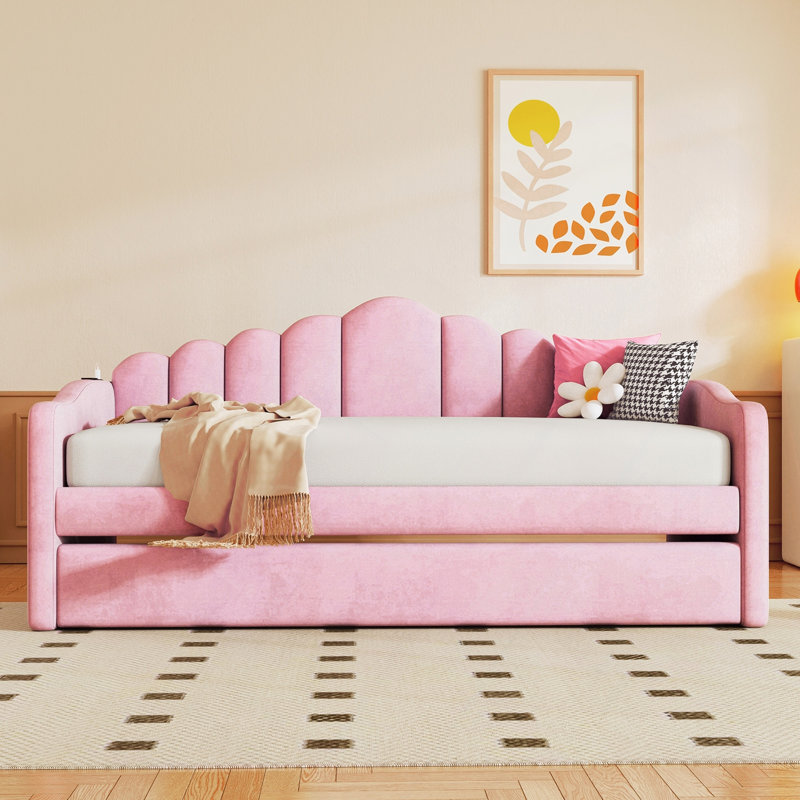 Lit de jour rembourré avec couchette, canapé-lit en velours avec ports de chargement USB, aucun sommier nécessaire
