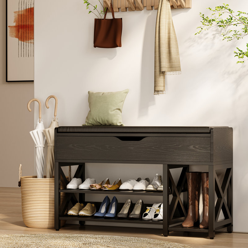 Shoe Storage Bench with Cushion, 7 Pair Entryway Shoe Bench Serkis, Black, 18.1" H x 35.4" W x 11.8" D