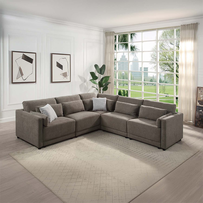 Fauteuil modulaire Rylie - faisant face à la gauche avec 3 coussins, lin brun