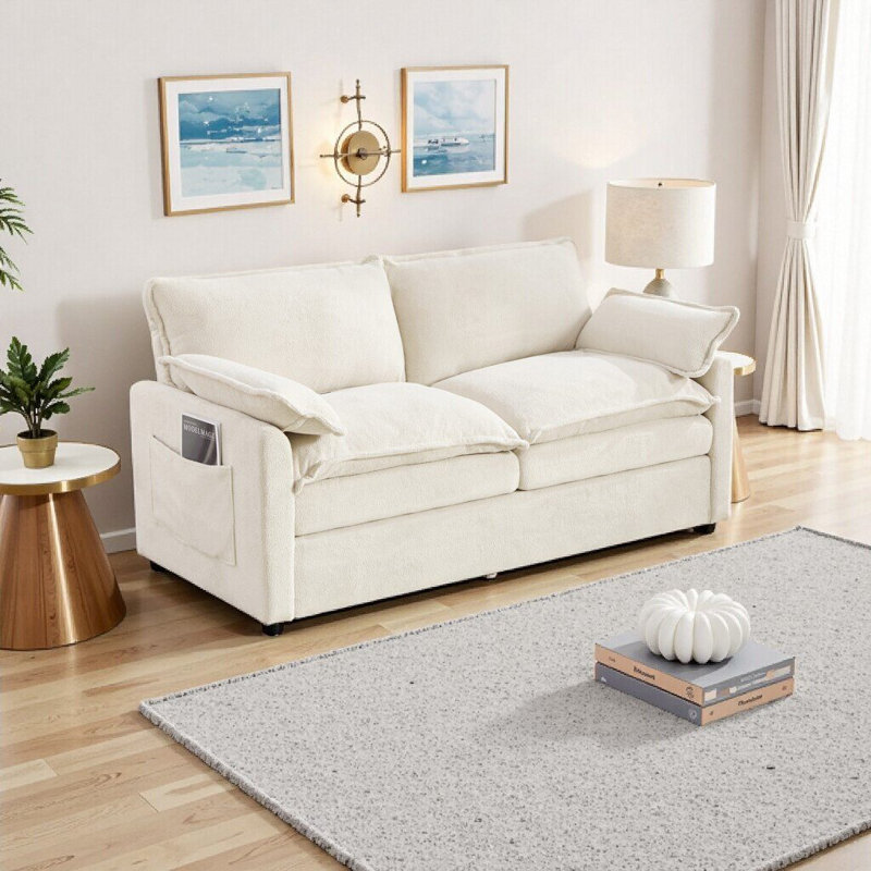 Causeuse moderne beige avec coussin double et poches de rangement - 2 places confortable pour le salon, la chambre à coucher ou un petit espace