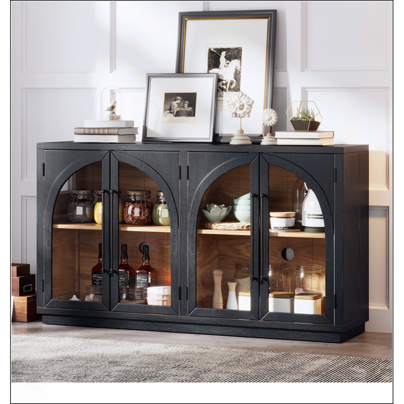 Grande armoire-buffet à 4 portes avec portes en verre, conception arquée et tablettes réglables pour un usage domestique polyvalent