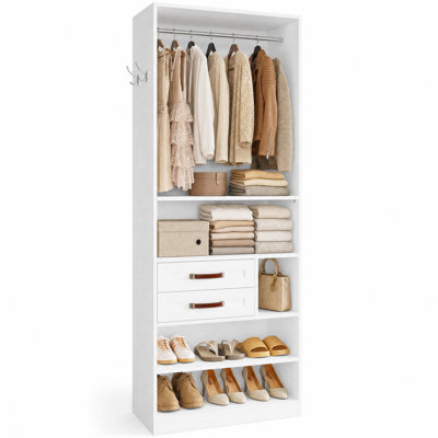 29.6" Freestanding Closet Organizer with Adjustable Shelves, Removable Hanging Rod, 2 Drawers & Shoe Storage, White