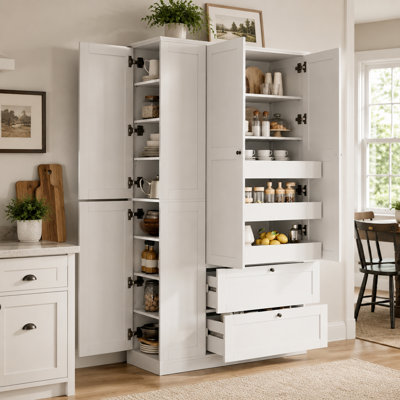 Farmhouse Kitchen Pantry Cabinet with Side Cabinets & 3 Pull-Out Trays