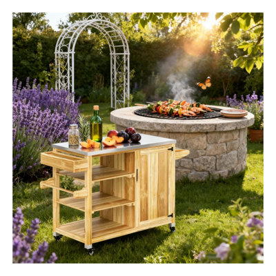 Outdoor Grill Station with Stainless Steel Top and Wood Cabinet Storage