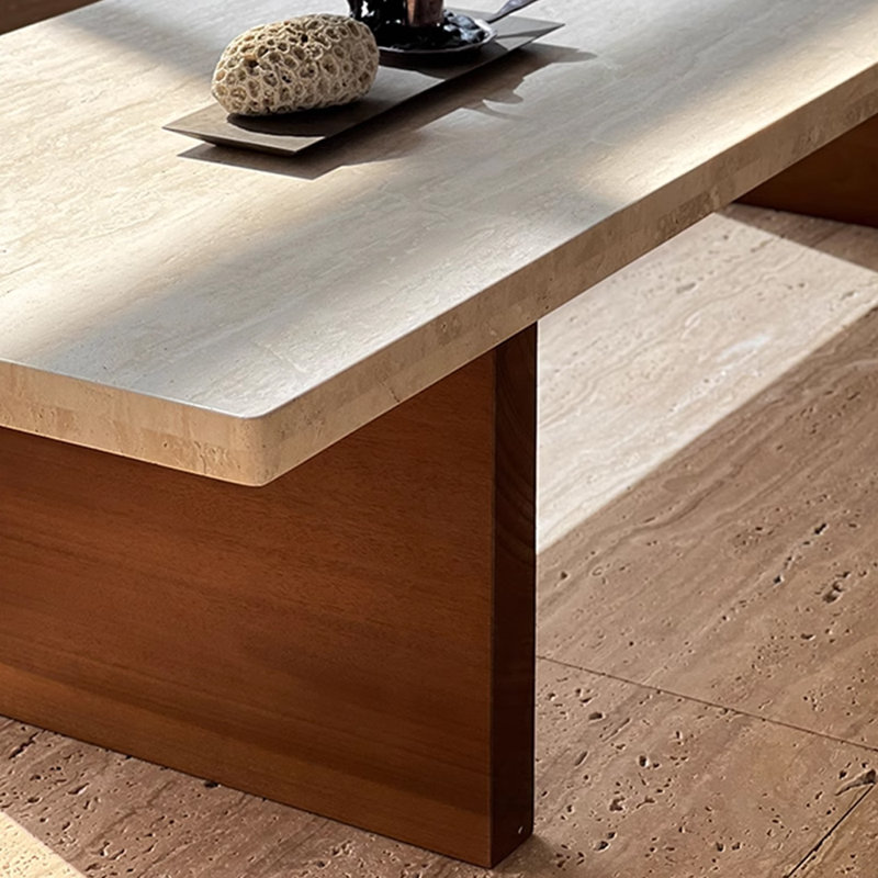 Wabi-sabi style natural travertine coffee table, 13.77" H x 47.24" L x 19.68" W