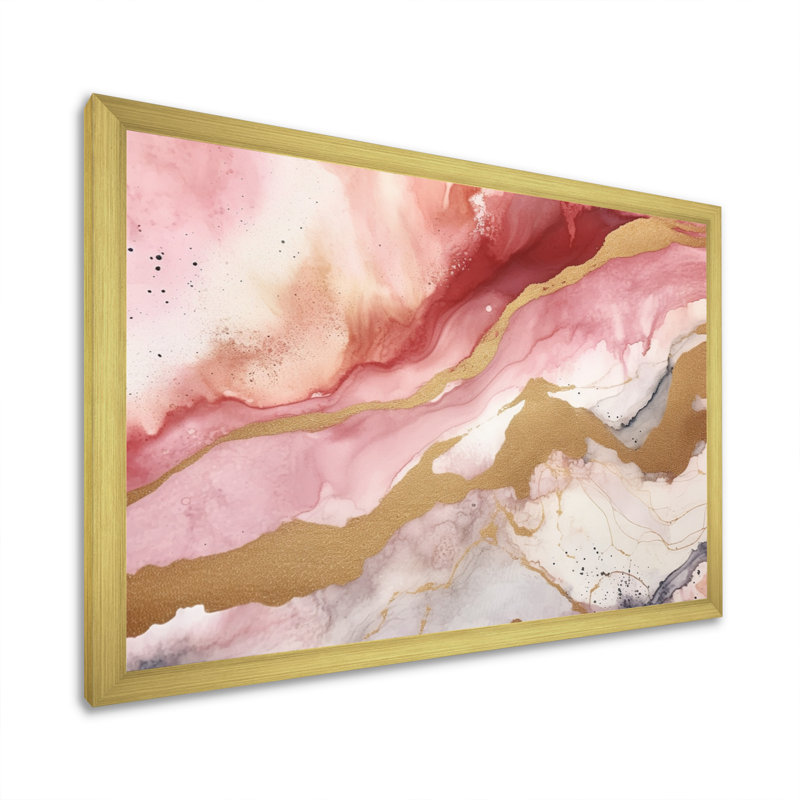«Rose and Gold Enchanted Spills I», art mural abstrait pour le salon, Cadre doré simple, H 24 po x l 32 po x P 1 po