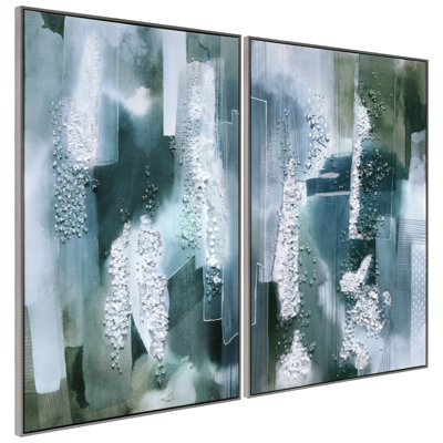 "Silver Mist I & II" Canvas Wall Art with Heavy Acrylic Crystal Shards Embellishments