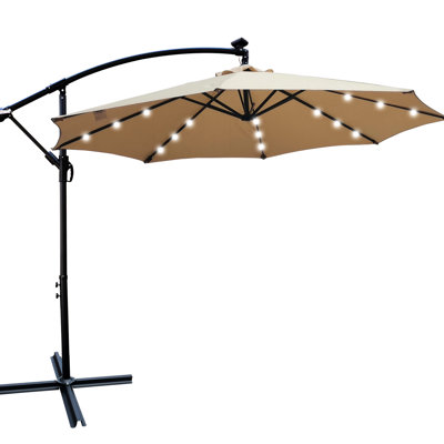 Parasol de patio brun clair 10 pi avec énergie solaire - Facile à nettoyer, 8 nervures, manivelle pour terrasse, jardin, abat-jour de piscine extérieur à éclairage solaire respirant, terrasse de jardin