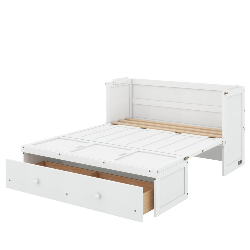 Lit escamotable avec tiroirs de rangement intégrés, Double, Blanc