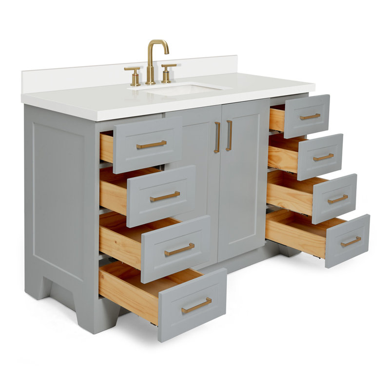 Meuble-lavabo simple en bois massif 55 po gris Freitas avec comptoir en quartz blanc pur 1,5 po, évier central rectangulaire