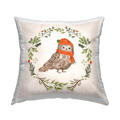 Holiday Owl Wreaf Outdoor Printed Pillow by Laura Konyndyk